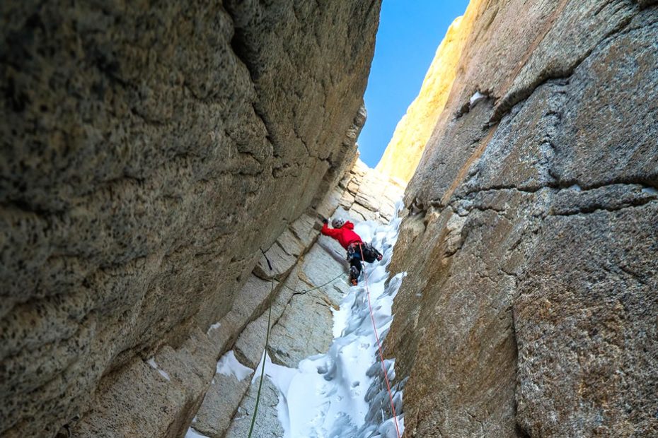 Marc-Andre Leclerc leads one of the pitches of the unrepeated six-pitch ice runnel in the bottom half of Titanic (7b M5 WI4 950m) on Torre Egger (2850m) during his all-free two-day ascent. [Photo] Austin Siadak