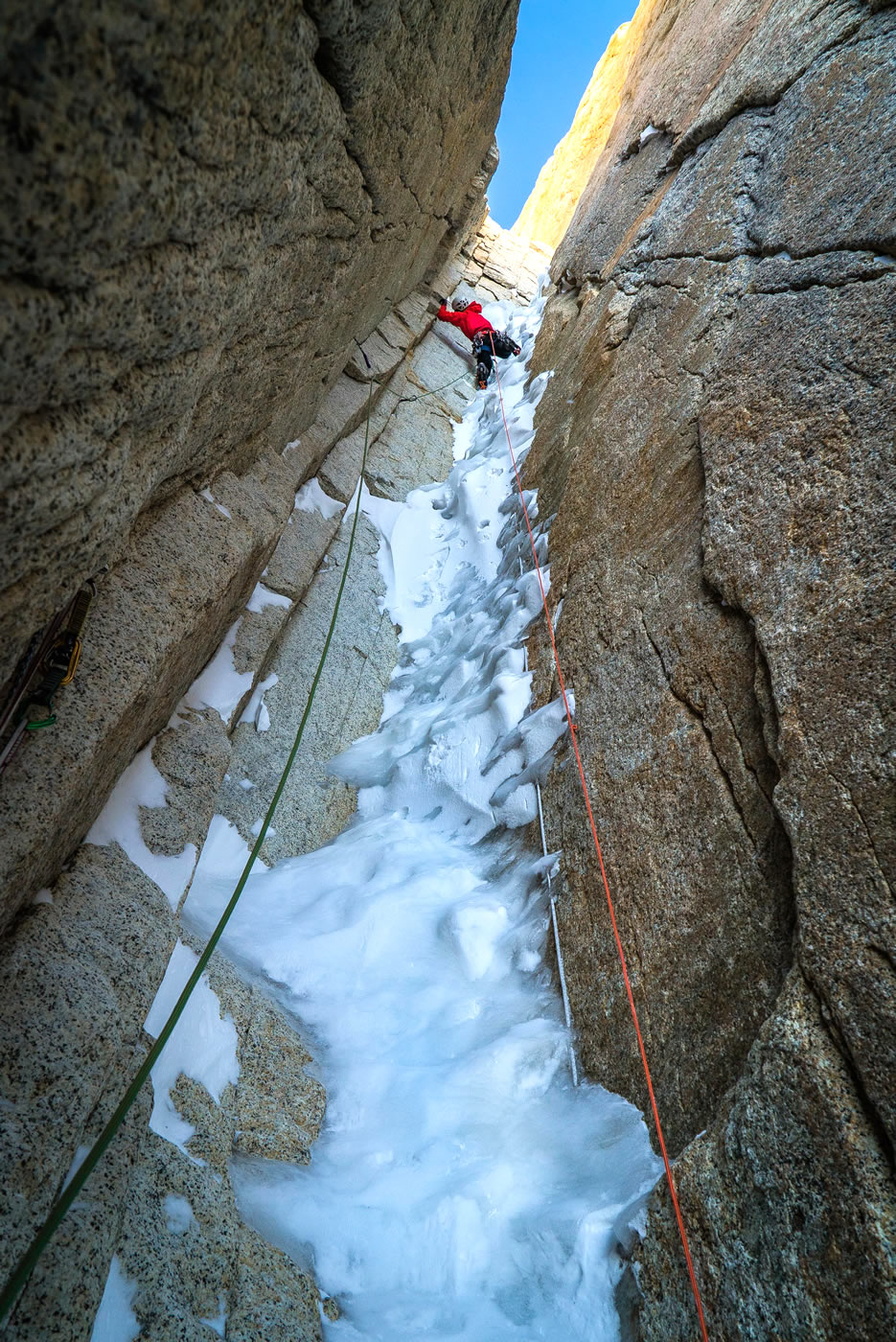 Marc-Andre Leclerc leads one of the pitches of the unrepeated six-pitch ice runnel in the bottom half of Titanic (7b M5 WI4 950m) on Torre Egger (2850m) during his all-free two-day ascent. [Photo] Austin Siadak