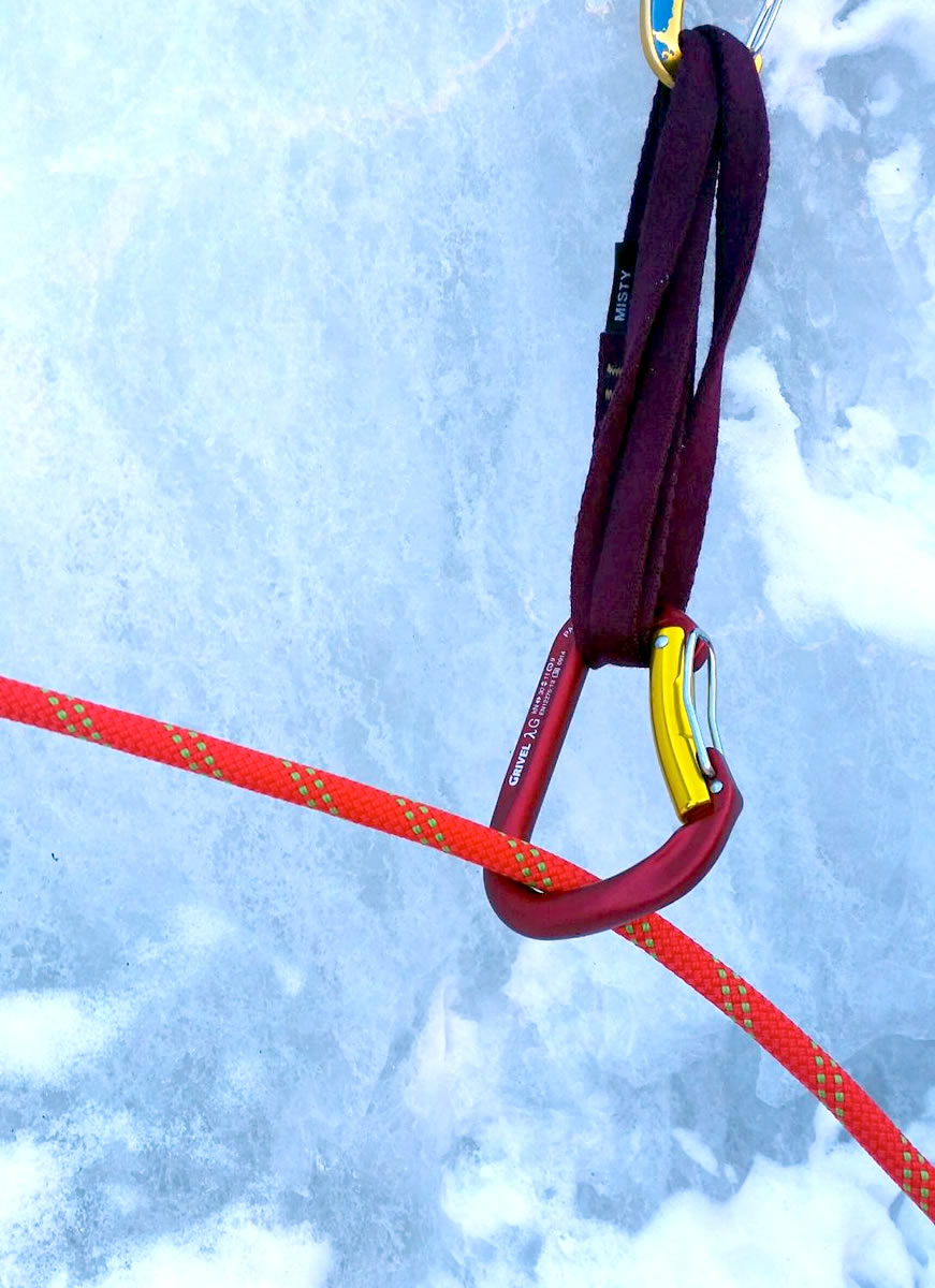 The Grivel Lambda HMS Twin Gate proved burly and reliable for clipping crucial pieces of gear, such as this high first screw on a particularly thin Coors Lite (WI2-3, 300') in Clear Creek Canyon, Colorado. [Photo] Alexander Kenan