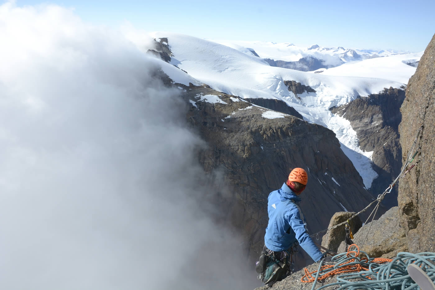 Christian Laddy Ledergerber nears the summit. Behind him are 2000 kilometers of mostly unexplored walls and fjords. [Photo] Silvan Schuepbach