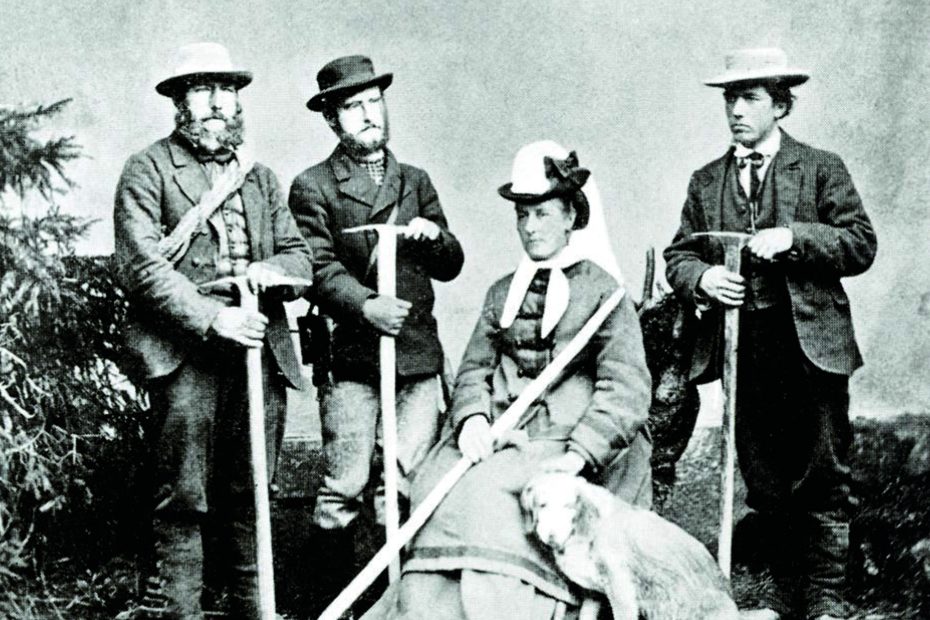 William Coolidge with his aunt, Meta Brevoort, their guides Christian Almer (far left) and Ulrich Almer (Christian's son, second left,) and dog Tschingel, circa 1874. [Photo] Courtesy of the Alpine Club