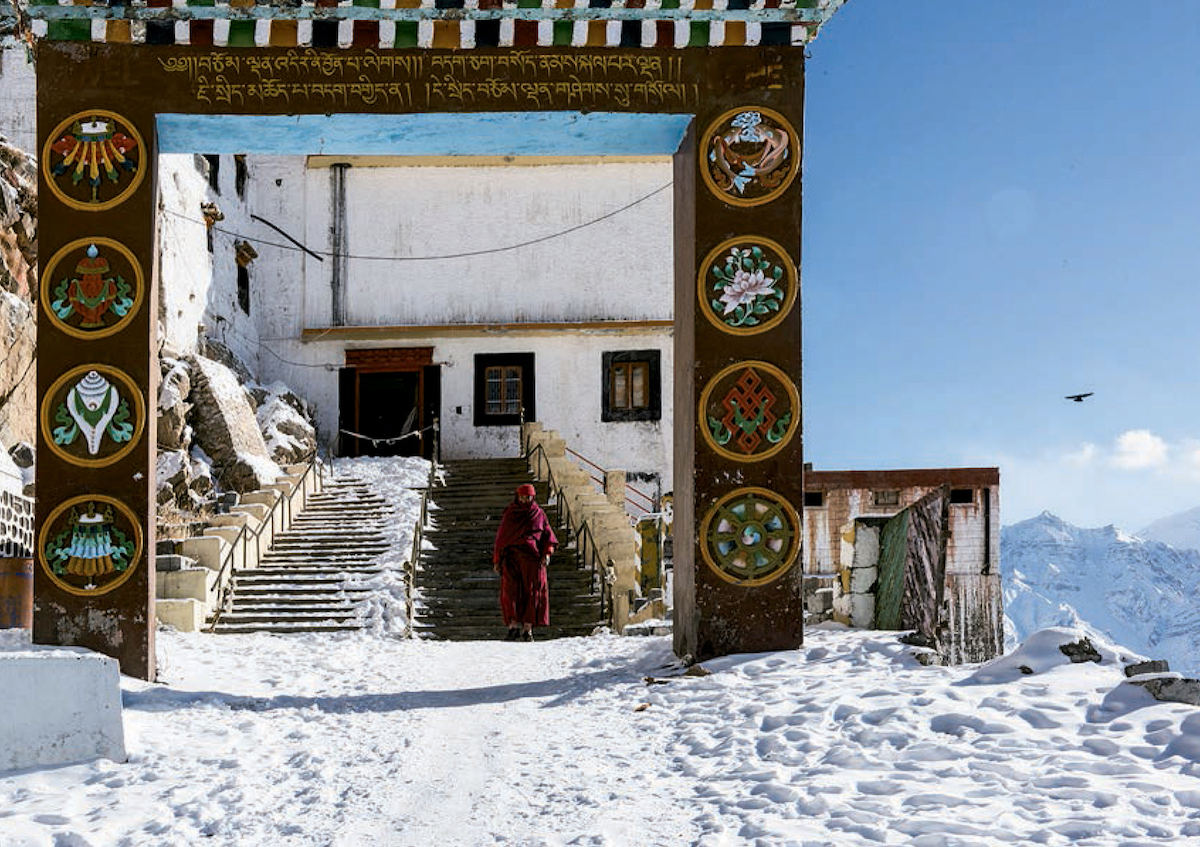 Entrance to the Ki Gompa in Spiti Valley. Historian O.C. Handa notes that the complex contains rooms huddled together precariously and narrow trench-like passages that connect winding  flights of steep steps. [Photo] Karn Kowshik
