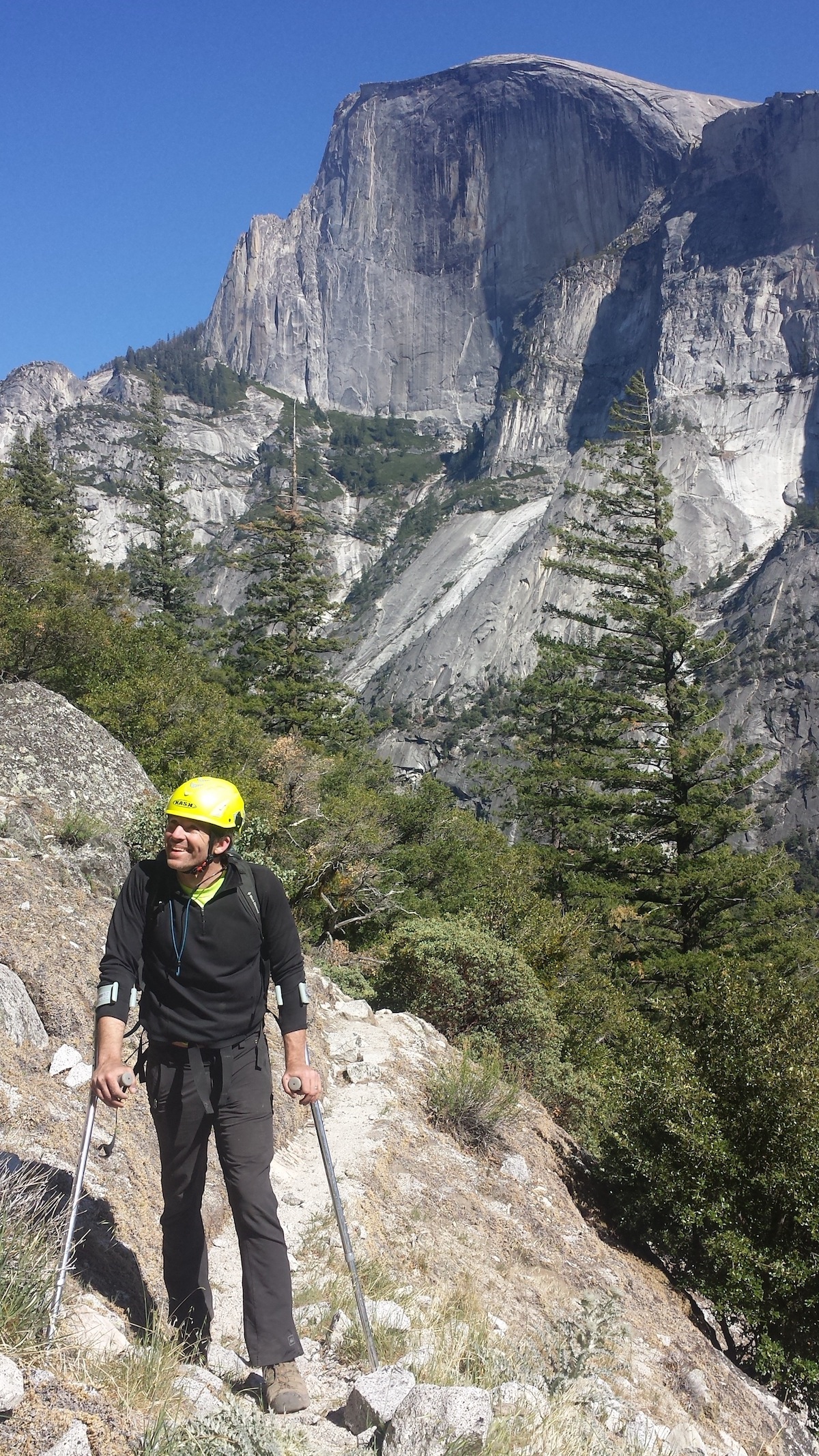 The author on the approach to Washington Column with Half Dome in the background, 2015. [Photo] Alex McKiernan collection