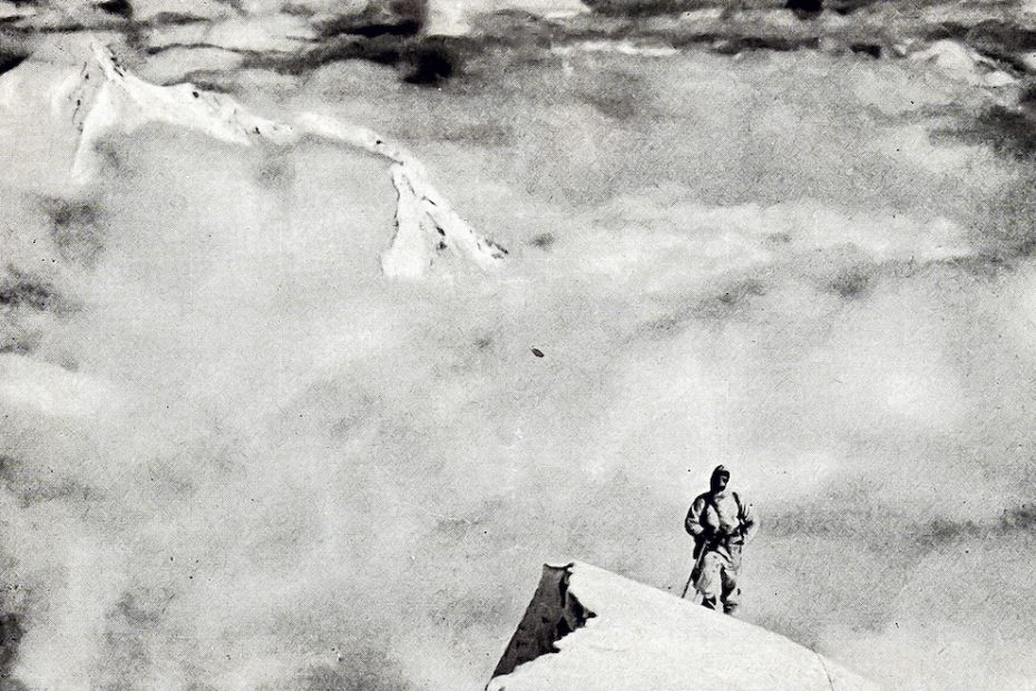 Janusz Klarner arrives on the summit snowfield of Nanda Devi East in 1939. Nanda Kot is visible in the background. [Photo] Jakub Bujak collection