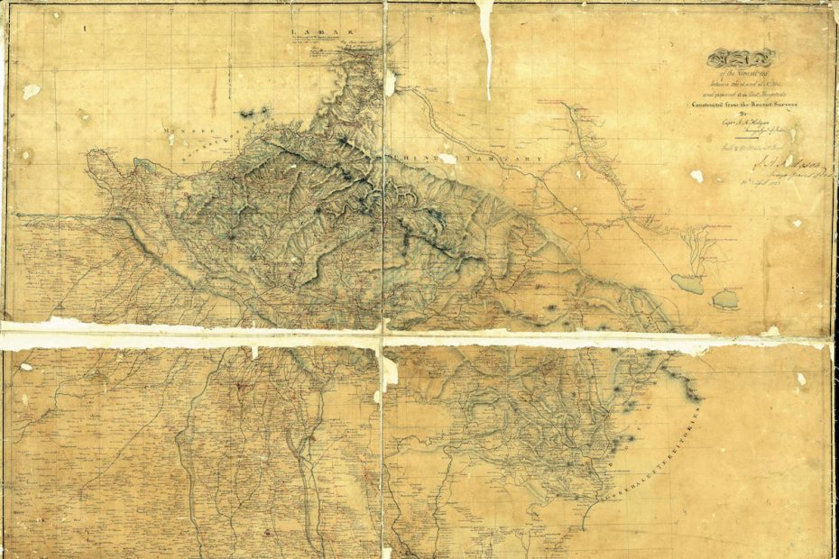 The Hodgson survey map of 1823. Just northwest of the region labeled as Juwahir near the horizontal tear across the middle of the map, Peak XIV (Nanda Devi) appears marked as A No. 2, 25,580 ft. [Photo] Courtesy of the PAHAR Mountains of Central Asia Digital Dataset