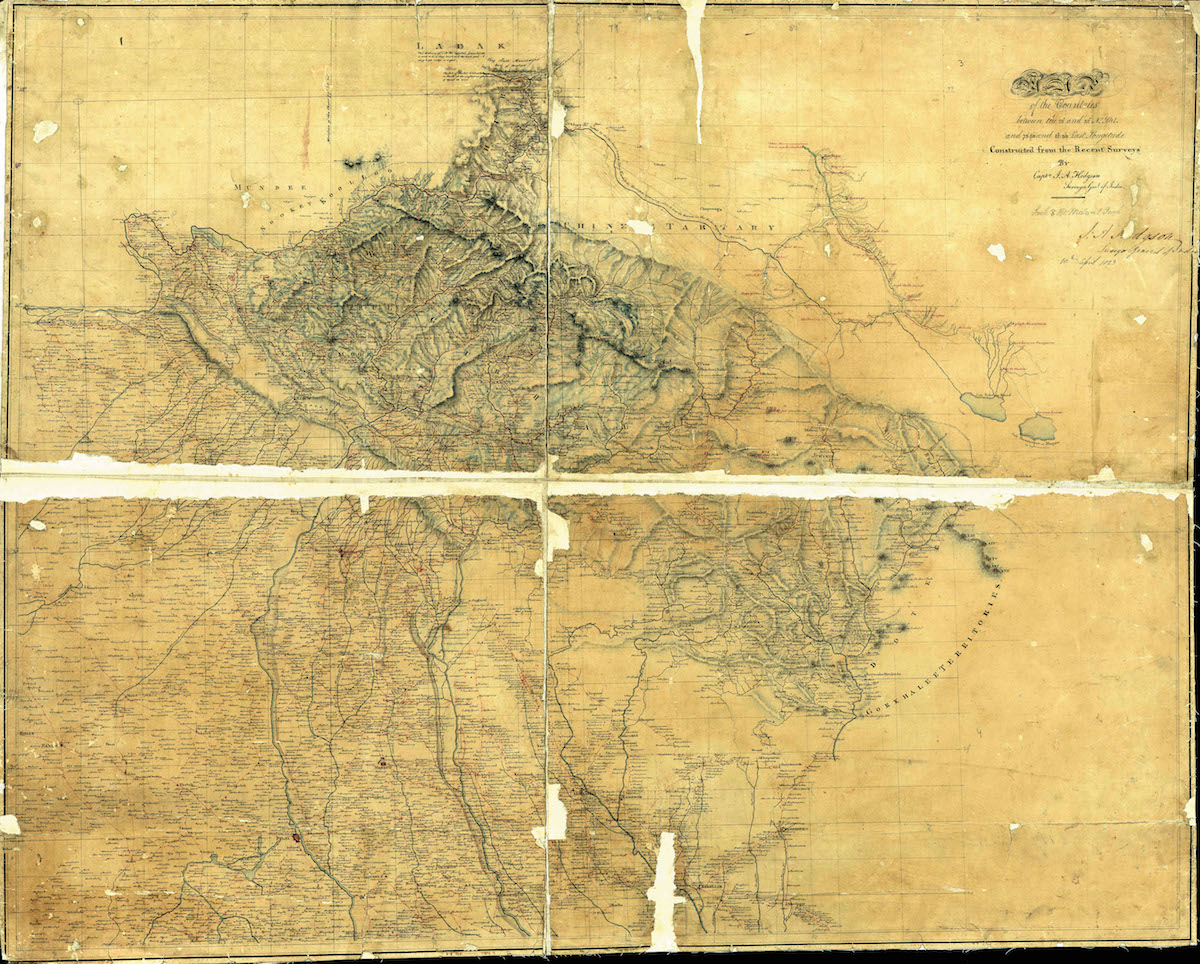 The Hodgson survey map of 1823. Just northwest of the region labeled as Juwahir near the horizontal tear across the middle of the map, Peak XIV (Nanda Devi) appears marked as A No. 2, 25,580 ft. [Photo] Courtesy of the PAHAR Mountains of Central Asia Digital Dataset