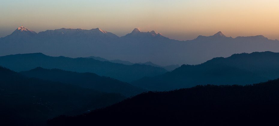 Morning view of Trisul (7120m), Nanda Devi (7816m) and Nanda Kot (6861m), from Kaser Devi in the Garhwal Himalaya of India. [Photo] Coni Horler