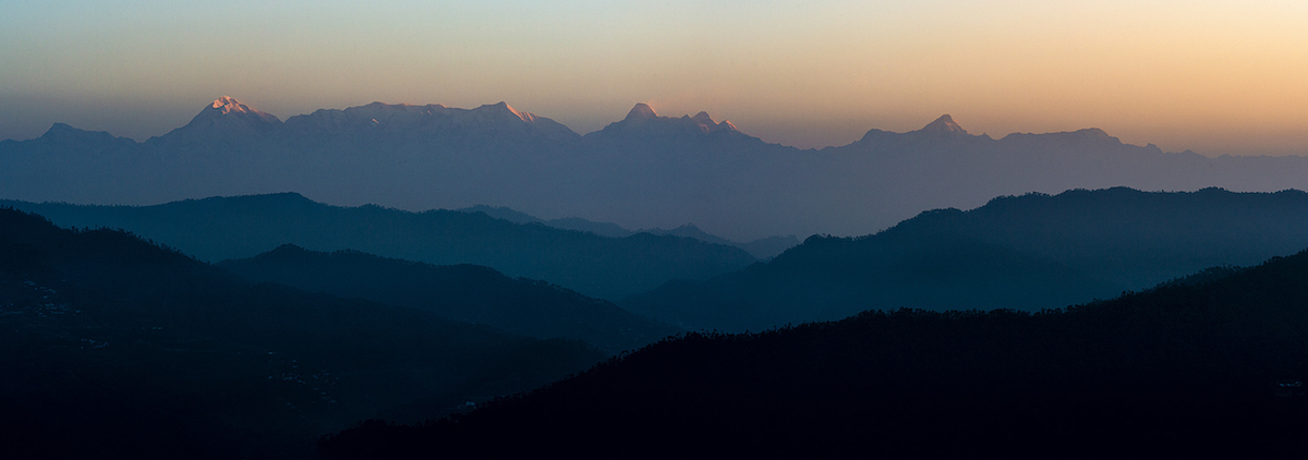 Morning view of Trisul (7120m), Nanda Devi (7816m) and Nanda Kot (6861m), from Kaser Devi in the Garhwal Himalaya of India. [Photo] Coni Horler