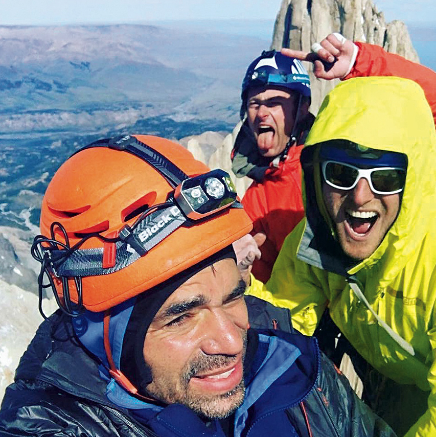 Coldiron, Jess Roskelley and Ben Erdmannon Aguja de la Silla during a linkup with Fitz Roy (ca. 3405m) in Patagonia. [Photo] Scott Coldiron
