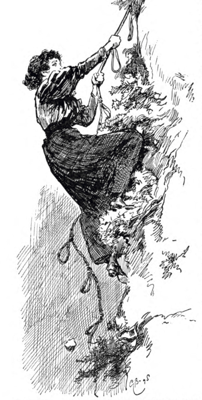 Cartoon from Grant Allen's The Impromptu Mountaineer, The Strand (1898), about a heroine who rescues a hapless suitor.