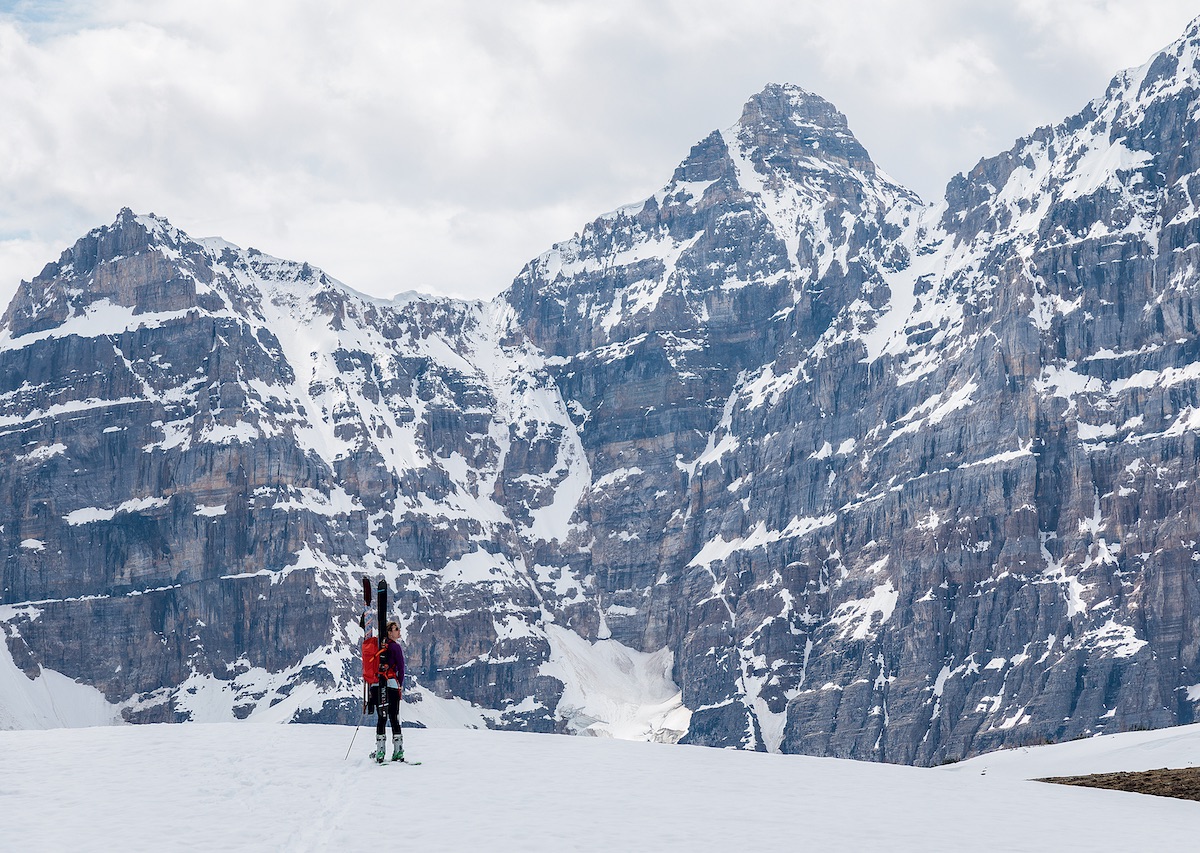 Kadatz returns to the parking lot at Moraine Lake beneath the Valley of the Ten Peaks, having recovered her skis. [Photo] Tim Banfield