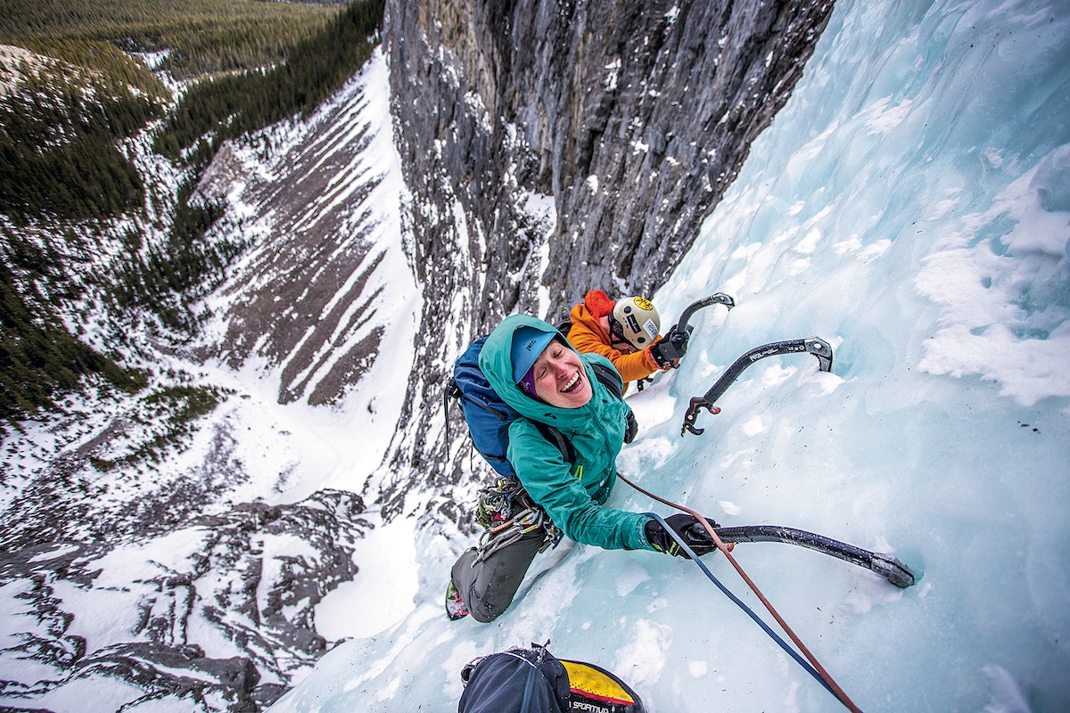 Anna Smith climbs The Sorcerer in Alberta's Ghost Valley with Ian Greant. [Photo] John Price