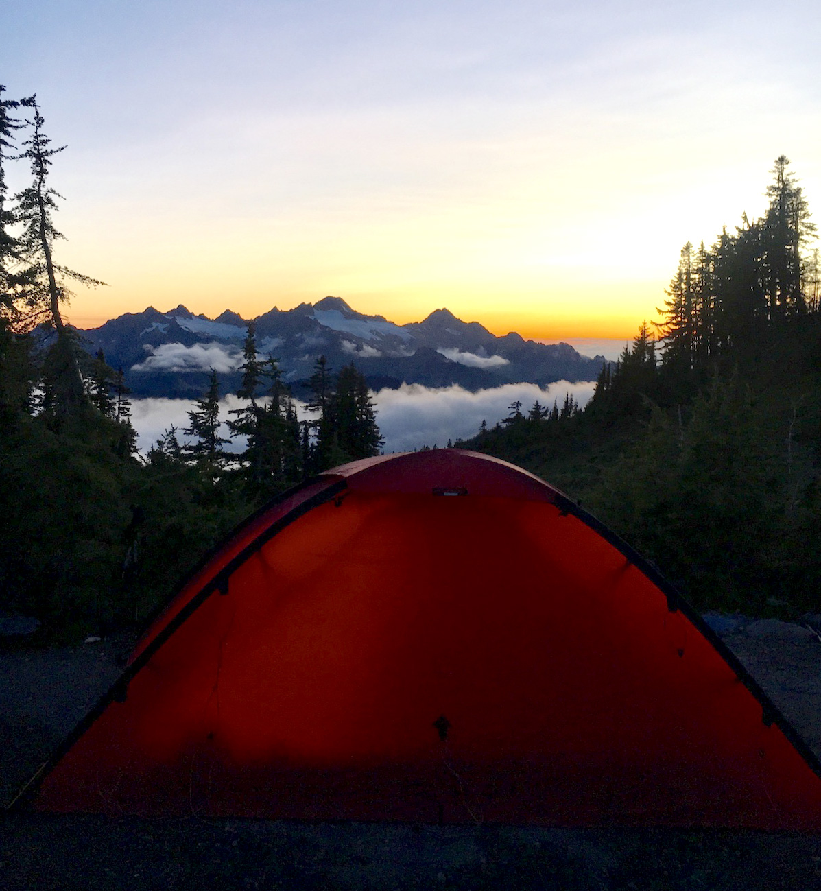 A sunset view of the North Cascades in Washington from the author's tent, September 2017. [Photo] Ana Beatriz Cholo collection