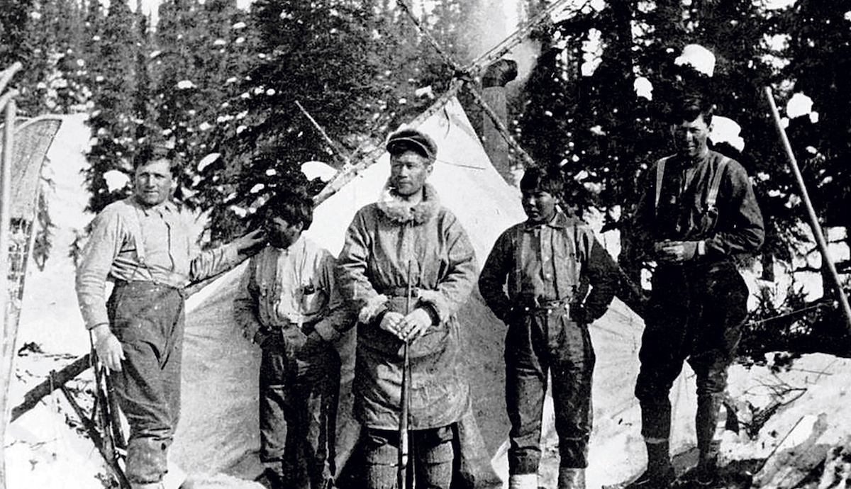 Robert Tatum, George Esaias, Harry Karstens, John Fredson and Walter Harper during the 1913 first ascent of Denali. [Photo] Hudson Stuck
