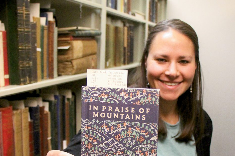 Katie Sauter in the Henry S. Hall Jr. American Alpine Club Library, Golden, Colorado. [Photo] Laura Sauter