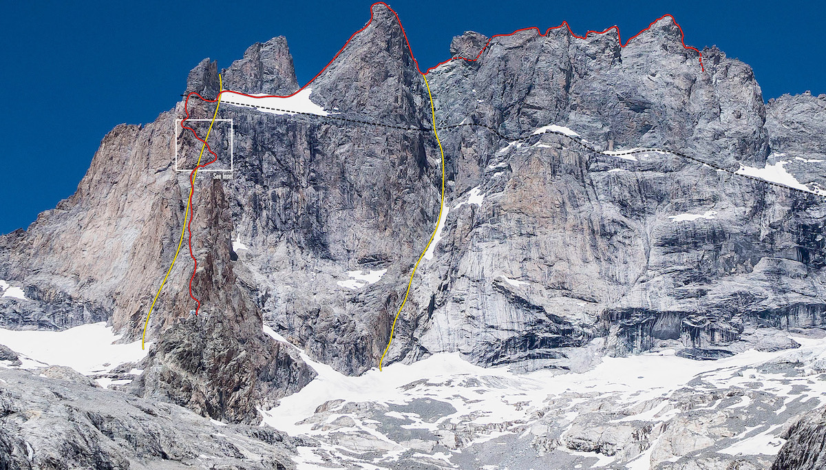 The black dotted line represents the horizontal change in rock type from the lower granite to the upper gneiss on the south face of la Meije, with the two main vertical fault systems in yellow. The Voie Normale and Traverse of la Meije are shown in red. [Photo] Jocelyn Chavy