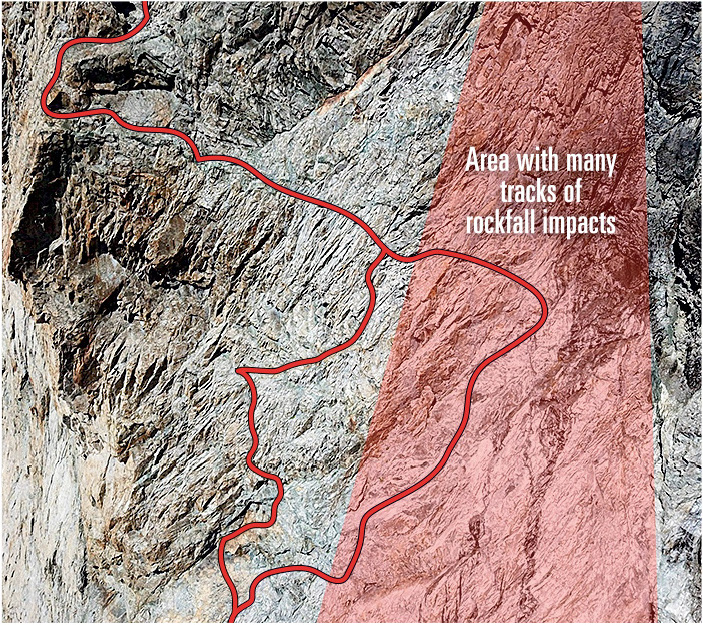 [Inset from previous photo] The main area of impact from the 2018 rockfall, overlaid in red, with the Voie Normale and the more technically difficult new variation that avoids this hazardous section. (Drawings by Benjamin Ribeyre.) [Photo] Benjamin Ribeyre, with a drone and special authorization from Parc national des Ecrins