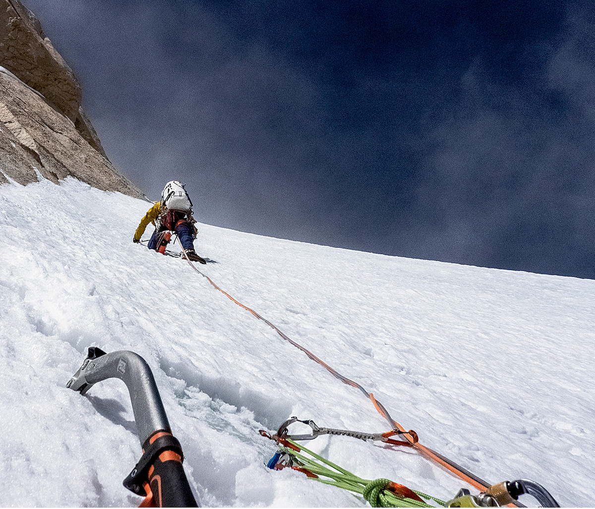 Chris Wright during the final push toward the summit of Link Sar (7041m) in 2019. The first ascent by Wright, Mark Richey, Steve Swenson and Graham Zimmerman was assisted by Wyoming-based meteorologist Jim Woodmencey, who sent them regular updates via satellite phone and text messages [Photo] Graham Zimmerman