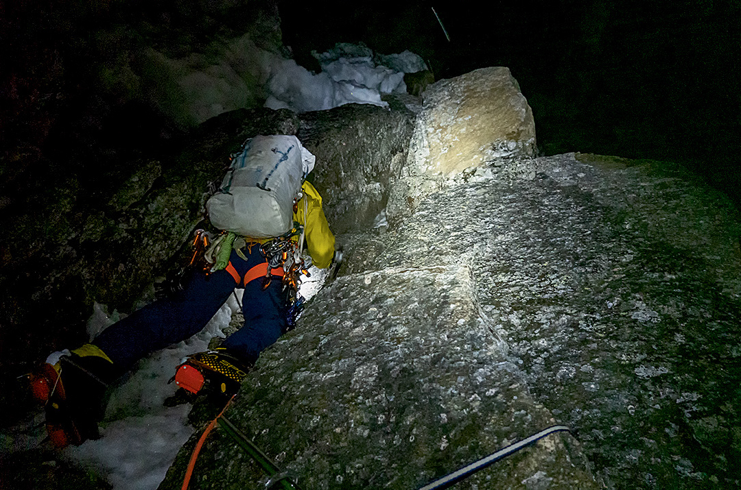 The team climbed some pitches at night to ensure they would be as safe as possible from falling rocks and melting ice in the hot, midsummer temperatures of the Karakoram. [Photo] Graham Zimmerman