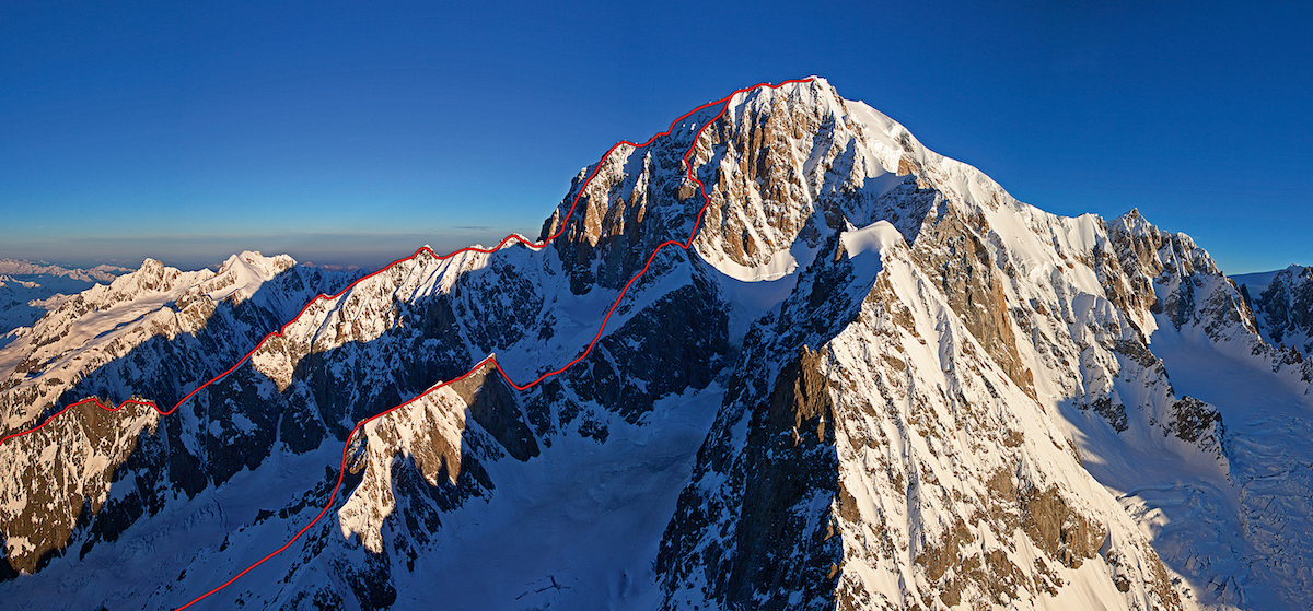 The Italian face of Mont Blanc, showing, from left to right, Brouillard Ridge Integral (Cosson-Henry-Salluard-Zappelli, 1973); the Innominata Integral (Gugliermina-Gugliermina-Proment-Ravelli, 1921). [Photo] Mario Colonel