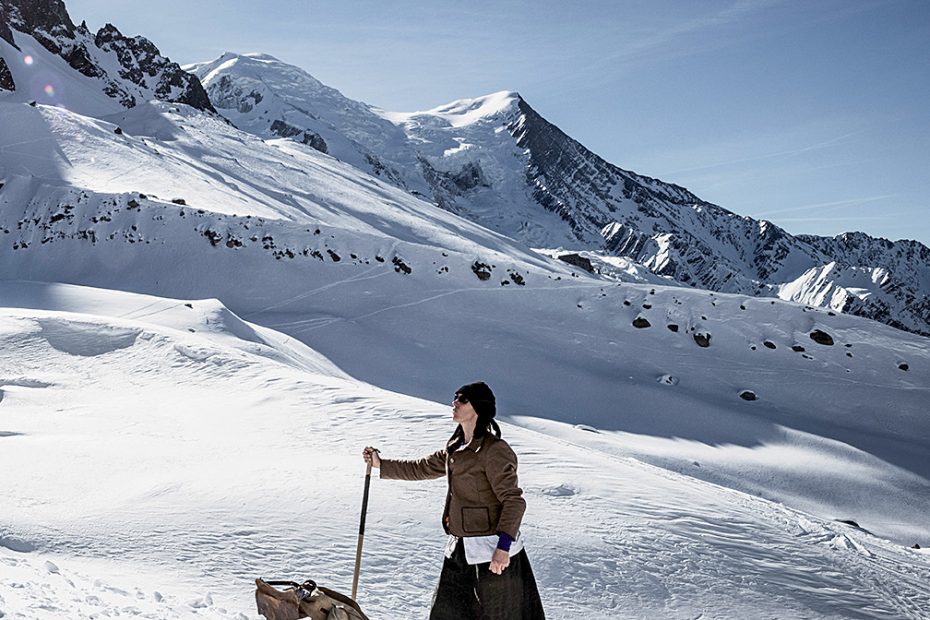 Ines Papert at the Glacier des Pelerins in front of the slopes of Mont Blanc during her attempt at a historical reenactment of Mary Isabella Straton's first winter ascent, with two guides, in 1876. [Photo] Thomas Senf