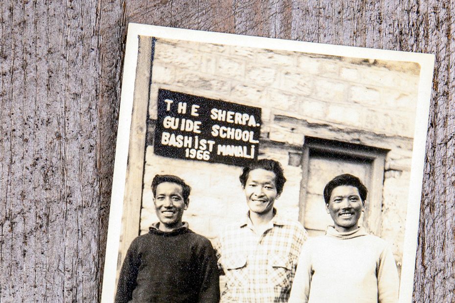 Khamsang Wangdi Sherpa pictured (center of top photo) with two Ladakhi Instructors. [Bottom] Front row, left to right: Pasang Temba, Srikar Amladi, Khamsang Wangdi Sherpa. Back row: unknown. [Photo] Srikar Amladi collection; courtesy The Sherpa Project (both)
