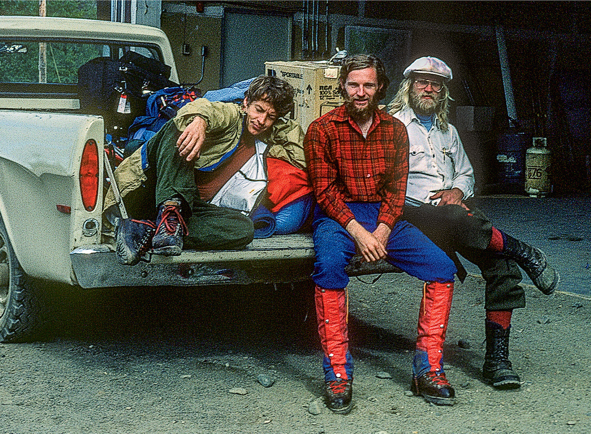 From left to right: George Lowe, Michael Kennedy and Jeff Lowe at the Talkeetna airstrip, on the way to Mt. Hunter (Begguya) and Mt. Foraker (Sultana). [Photo] Michael Kennedy collection