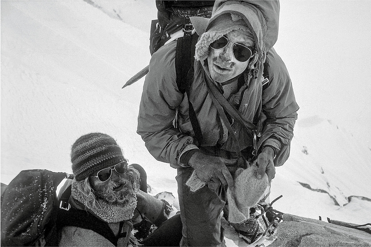 Jeff Lowe (left) and George Lowe during the team's first attempt on the north face of Mt. Hunter (Begguya), after Jeff broke his ankle. [Photo] Michael Kennedy