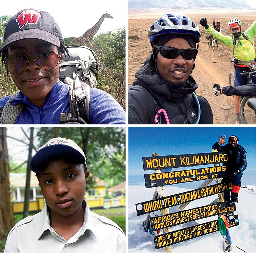 Clockwise from top left: Glory Thobias Salema guides clients to the summit of nearby Mt. Meru, where giraffes frequent the trails. [Photo] Glory Thobias Salema; Alex John Laizer guides biking trips on the trails of Kilimanjaro. As Chairman of the Kilimanjaro Guides Association, Laizer says, I believe in educating people to change the world. We do this in different ways. [Photo] Alex John Laizer; Barnabas at the summit of Kilimanjaro. [Photo] Courtesy Lukiano Barnabas; Rehema Olotu. [Photo] Rehema Olotu