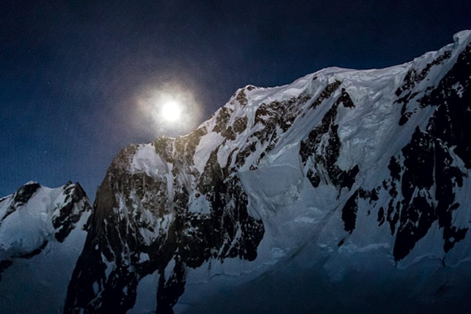 The Brenva Spur at night, Mont Blanc. [Photo] Tim Oliver