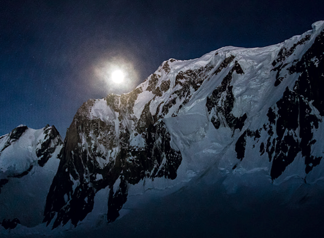 The Brenva Spur at night, Mont Blanc. [Photo] Tim Oliver