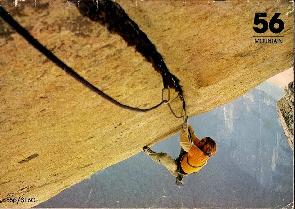 The cover of Mountain 56 with the famous photo of Ray Jardine on the second ascent of Separate Reality (rated 5.12 before the lip of the roof broke off) in 1977. [Photo] John Lakey