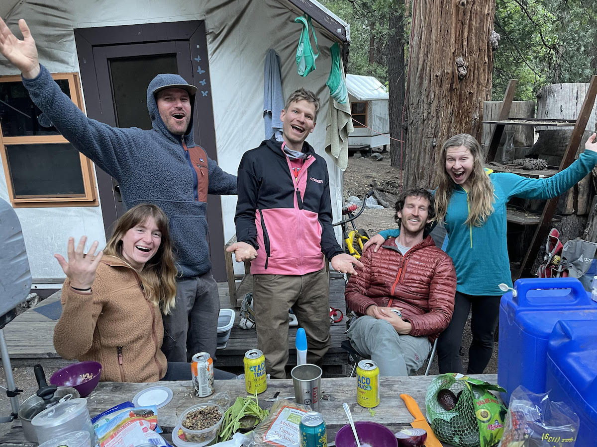 From left to right: Rhiannon Klee Williams, Drew Smith, Derek Franz, Jack Cramer (a Yosemite Search and Rescue team member) and McKenzie Long at the YOSAR camp, May 2021. Klee Williams, Smith and Long (a former Alpinist intern) have all contributed to Alpinist. Smith is a former YOSAR member who earns a living as a photographer. Klee Williams and Long are both writers and artists. [Photo] Earl Bates, Derek Franz collection