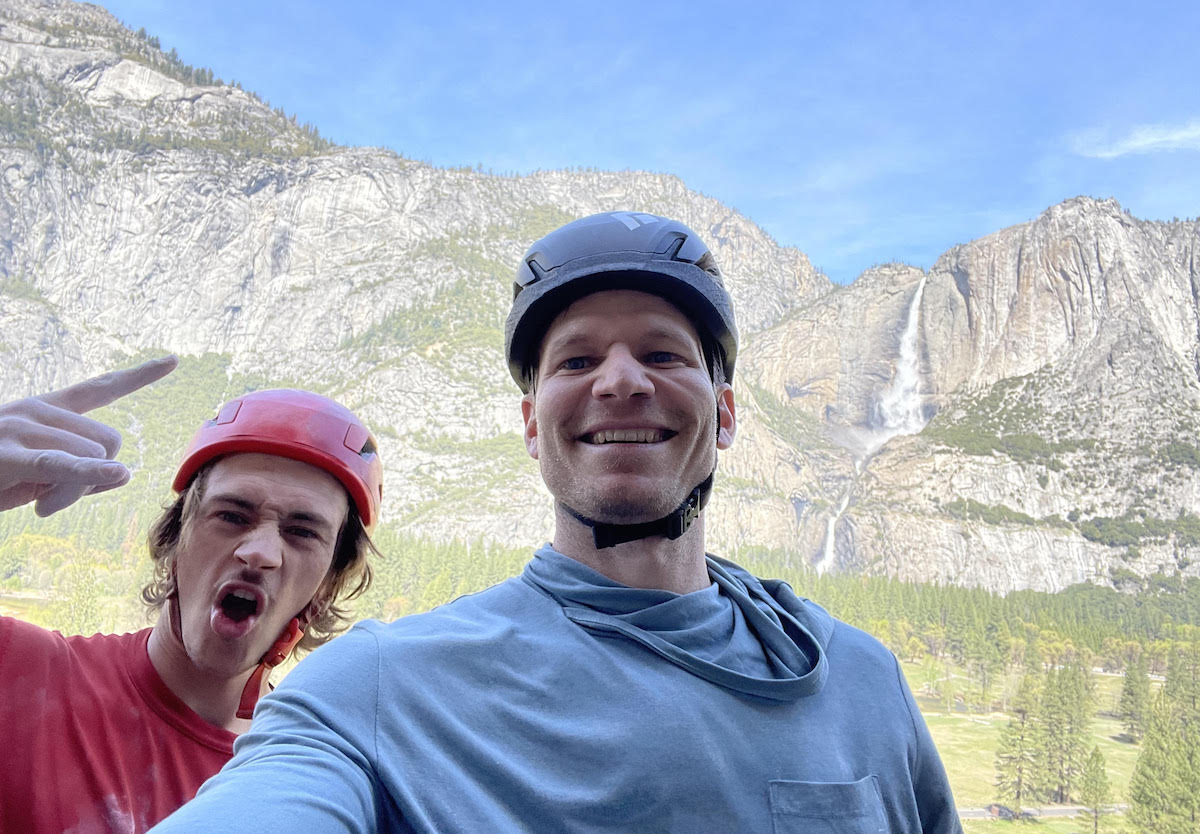 Ryan Murphy, left, and Derek Franz near the top of The Great Escape (5.11+, 4 pitches) during their first climb together after meeting when Franz arrived in Yosemite Valley the previous evening. [Photo] Derek Franz