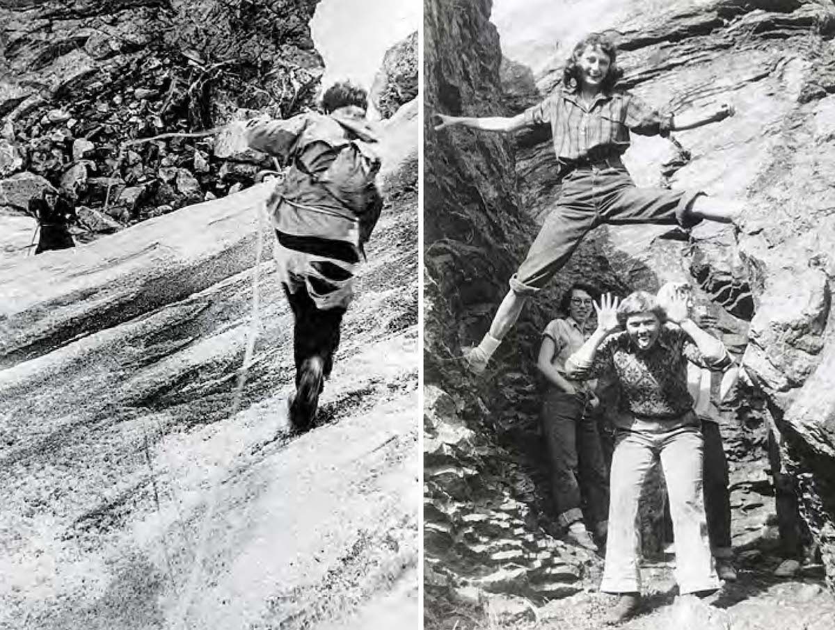 Left: Vogel and another climber in the Tetons in 1952. Right: Chryss Stevens, Sabra Osborne and Bea Vogel (bottom, center) enjoying a practice climb in 1952, in today's Glen Canyon Park, San Francisco, Ramaytush Ohlone land. [Photo] Bea Vogel collection (both)