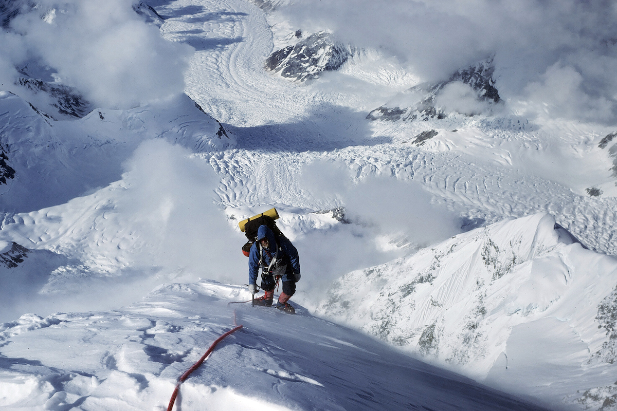 Michael Kennedy on the upper slopes of Alaska's Sultana (Mt. Foraker) during the 1977 first ascent of the Infinite Spur with George Lowe. [Photo] George Lowe, courtesy of the American Alpine Club