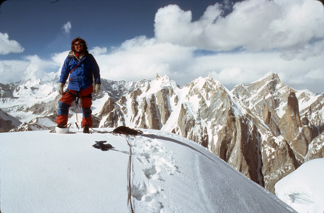 Ron Kauk on top of Uli Biaho, 1979. [Photo] Courtesy of the American Alpine Club