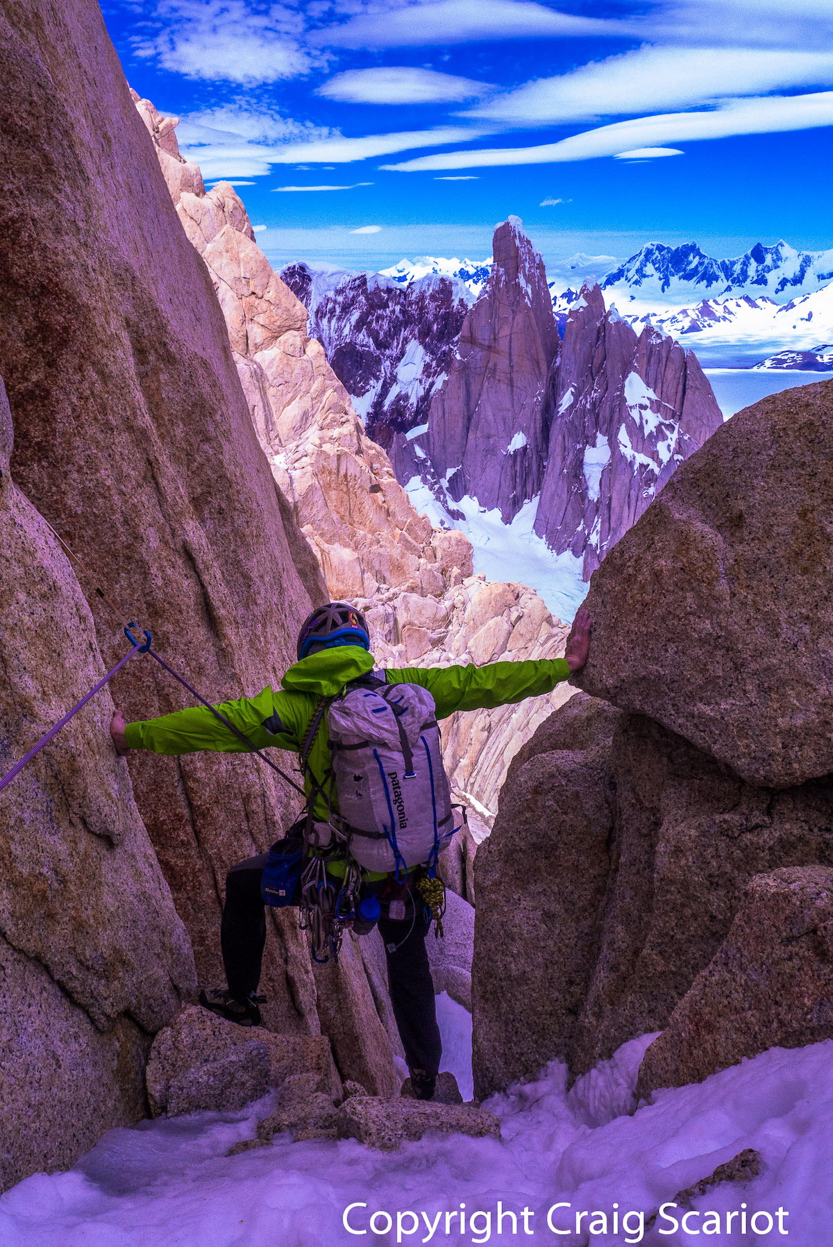 Kelly Cordes climbing Fitz Roy in Patagonia. [Photo] Craig Scariot