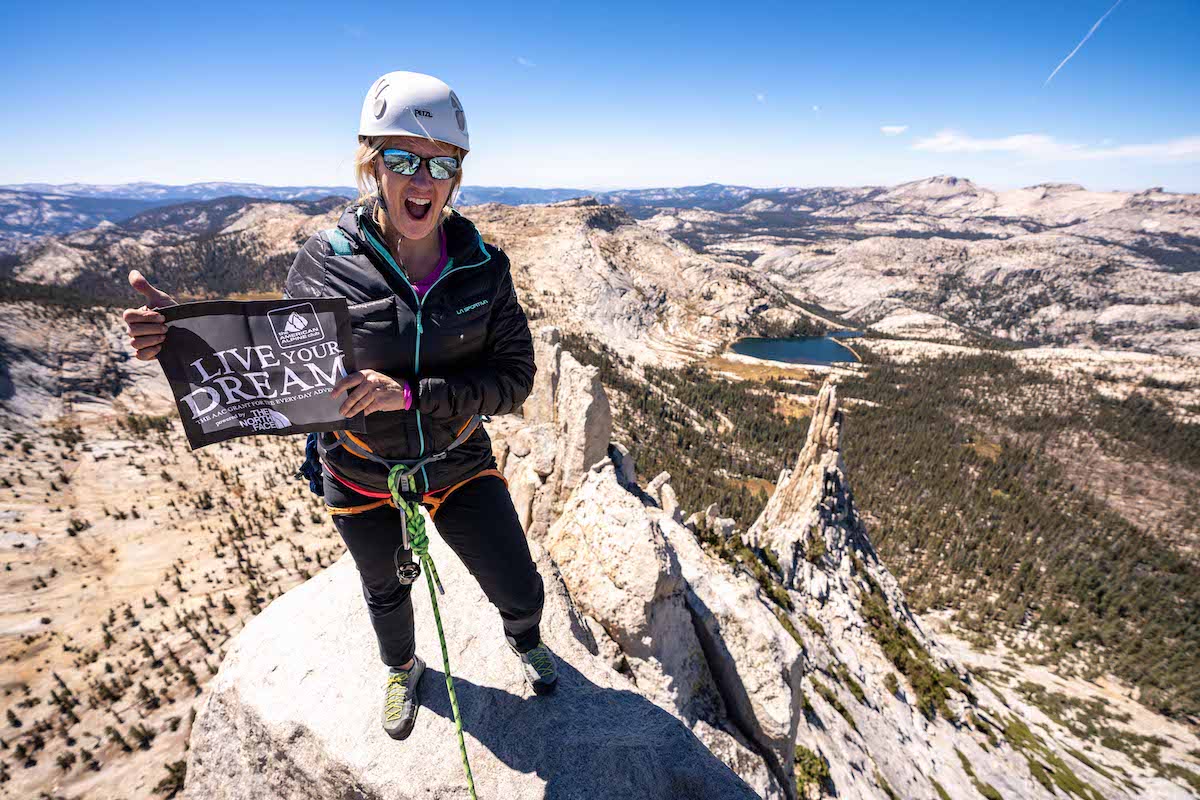 Thanks to an American Alpine Club Live Your Dream Grant and some guidance from her son, this mother did something she never thought she would and climbed Cathedral Peak in Yosemite. [Photo] Austin Schmitz
