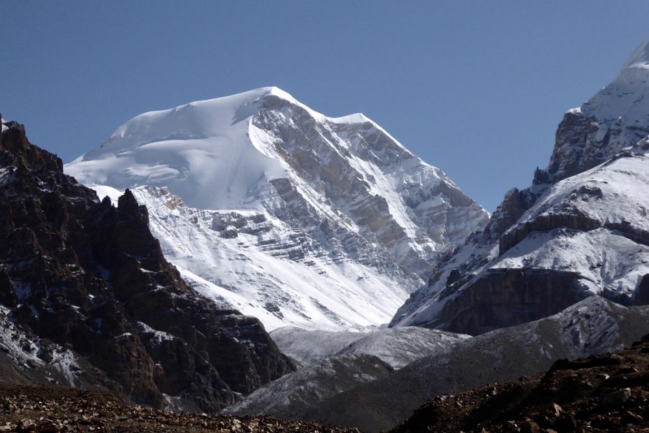 Khumjungar Himal (a.k.a. Khamjung, 6759m), one of the highest peaks of the Damodar, seen to the north from the approach up the Labse Khola towards the Teri La. This south-facing aspect of the mountain has not been attempted. [Photo] Paulo Grobel