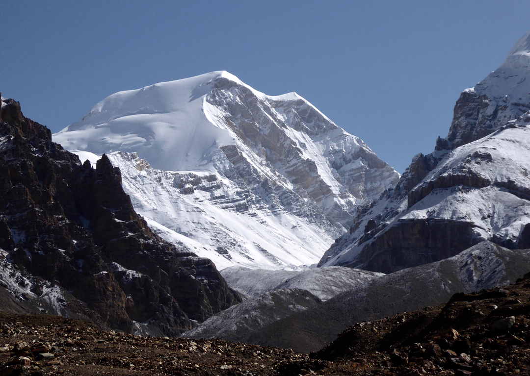 Khumjungar Himal (a.k.a. Khamjung, 6759m), one of the highest peaks of the Damodar, seen to the north from the approach up the Labse Khola towards the Teri La. This south-facing aspect of the mountain has not been attempted. [Photo] Paulo Grobel