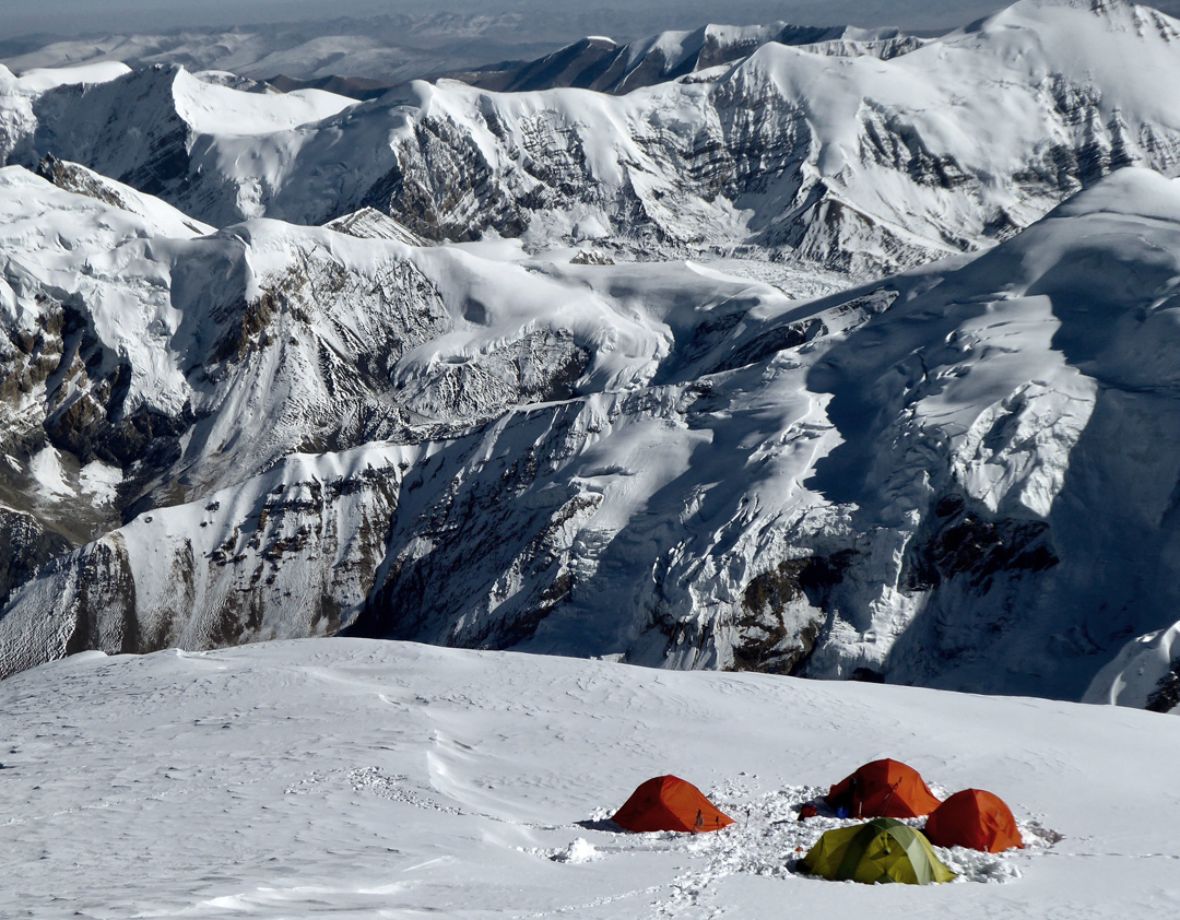 Camp 5 on Himlung Himal at 7050 meters, looking north-northwest to unclimbed summits on or close to the Tibetan border, southeast of Ratna Chuli. [Photo] Paulo Grobel