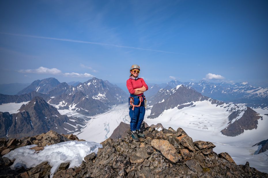 Abbey Collins on the summit of Mt. Beelzebub (7,280') in Alaska's Chugach Mountains, 2021. [Photo] Andrew Holman
