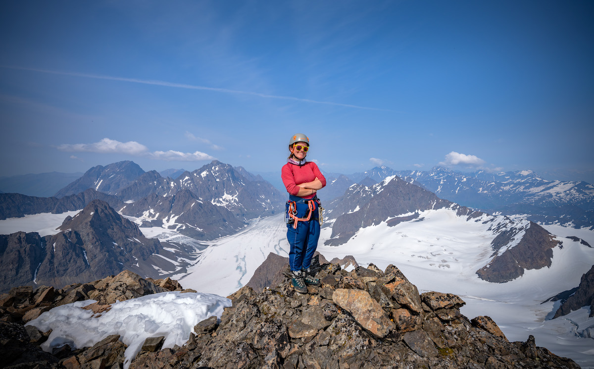 Abbey Collins on the summit of Mt. Beelzebub (7,280') in Alaska's Chugach Mountains, 2021. [Photo] Andrew Holman