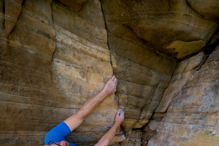 Chris Kalman sporting the Acopa JBs on his and Zach Harrison's new route, Pump Drunk (5.12-, 115') in Northern Arizona's Pumphouse Wash (ancestral homelands of Pueblo, Sinagua, Hohokam, Hopi and Western Apache, among others). [Nelson Klein]