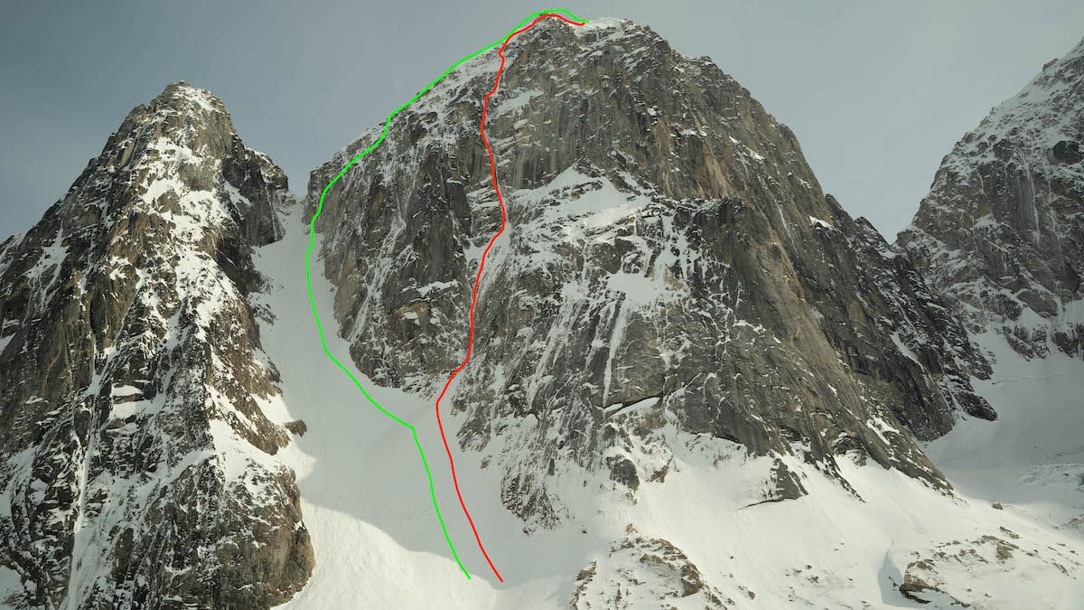The red line on the right shows Smoke 'Em If You Got 'Em (AI5+ A2+, 3,600'). The green line shows the descent route. [Image] Jackson Marvell, The North Face