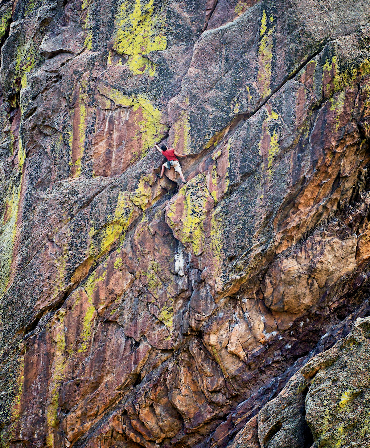 Honnold on Outer Space (5.10c), Eldorado Canyon, Colorado. Philosopher Jack Turner argues, Solo climbing is unique, a direct confrontation with the self. That purity of attention begins to be diluted as soon as you start worrying about other things. By the time you're worrying about whether your logo is being seen, it's a totally different experience.... The spirit of climbing is untranslatable into mass media. [Photo] Celin Serbo