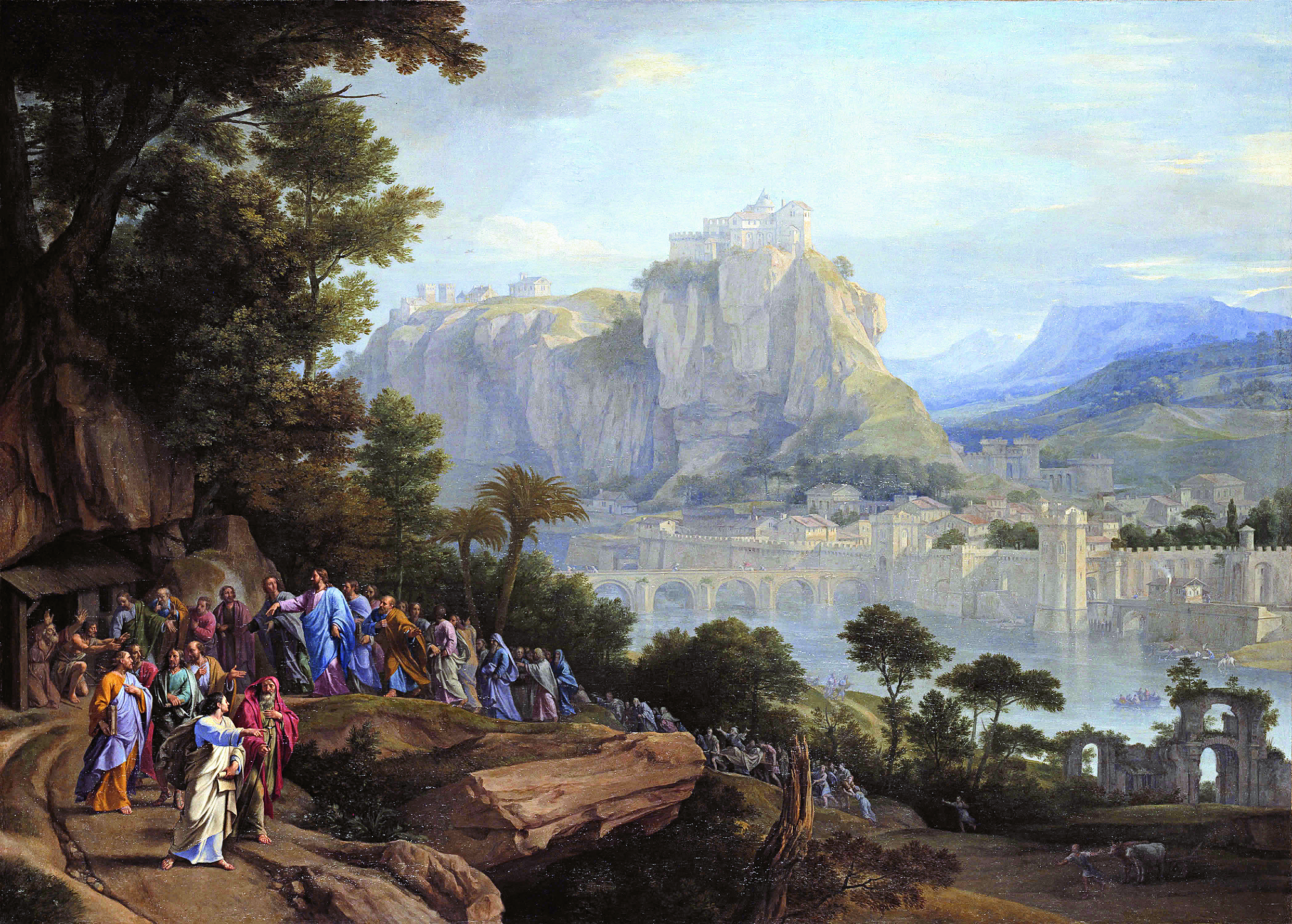 Christ Healing the Blind, painted ca. 1657. Dawn L. Hollis observes: The image depicts the healing of two blind men recounted in Matthew 20:29-34. Their first sight will be of the mountainous vista that dominates the canvas. [Image] Philippe de Champaigne