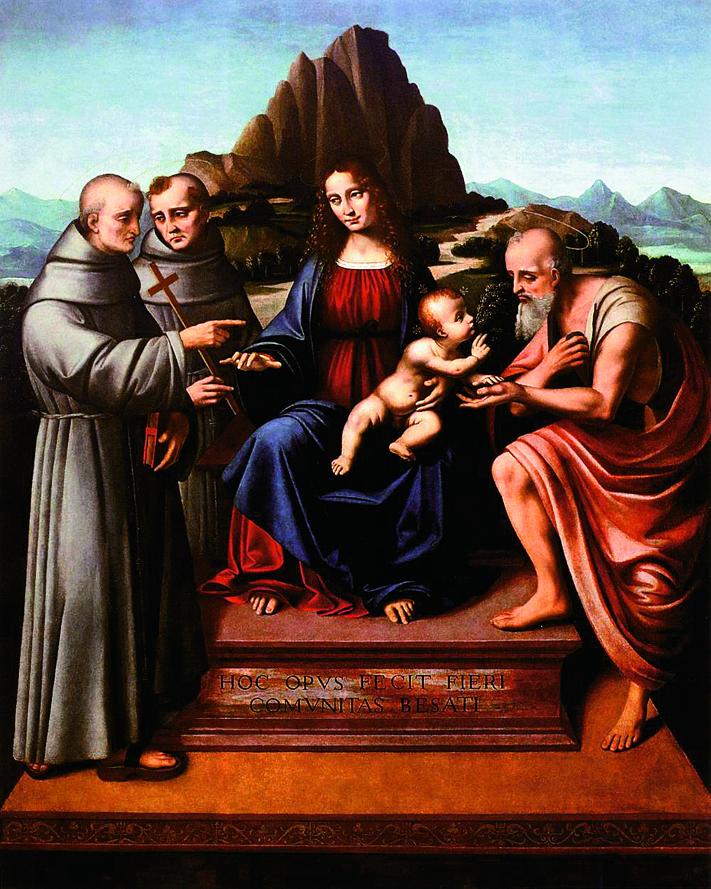 Virgin and Child Enthroned with Saints, ca. 1524. Hollis notes, The stylized mountain directly behind the Holy Pair almost appears to be an extension of their throne, with more naturalistic mountains also prominent in the background. [Image] Marco d'Oggiono