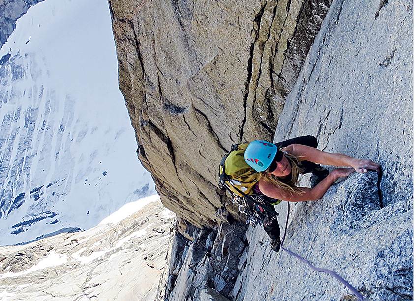 Smith on the South Buttress of Mt. Loki (5.10+, 650m), Baffin Island. Smith and Michelle Kadatz made the first all-female ascent of the route in 2015. [Photo] Michelle Kadatz